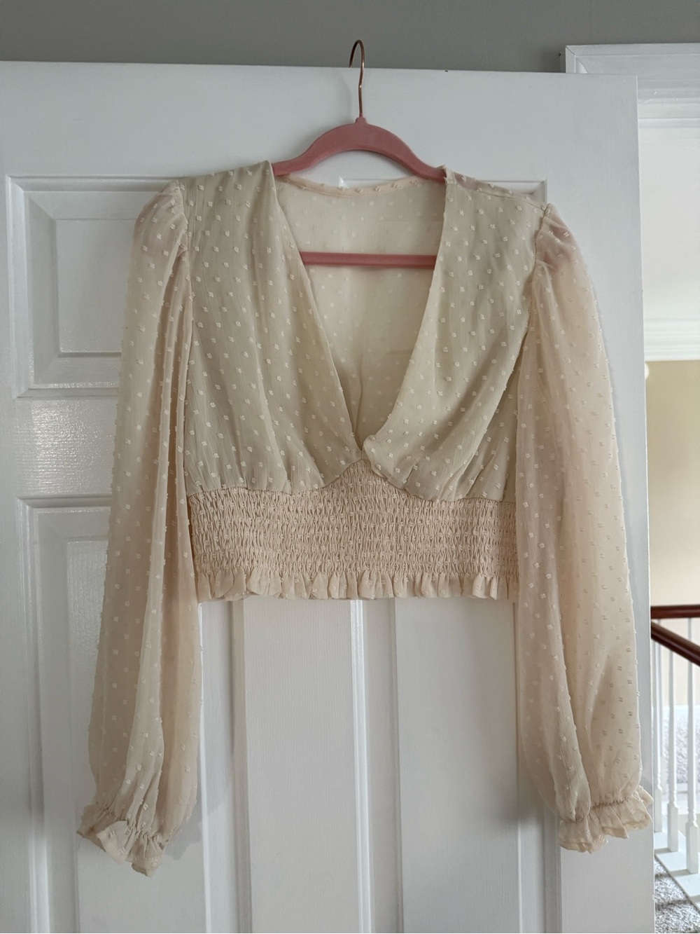 Light Cream Swiss Dot Smocked Waist Long Sleeve Top